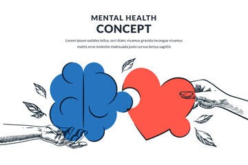 Hands connect brain and heart puzzles. Vector illustration. Mental health, emotional intelligence, psychotherapy concept