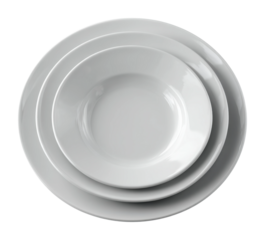 Elegant white ceramic plates set for dining modern kitchen tableware minimalist top view aesthetic isolated on transparent background