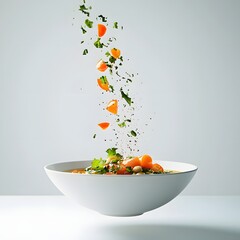 Fresh vegetable salad falling into white bowl. Healthy food concept. 