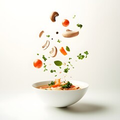 Mushroom soup with flying ingredients in white bowl on white background