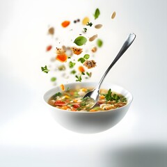 vegetable soup in a bowl with spoon. Vegetable soup in white bowl with flying ingredients, close up