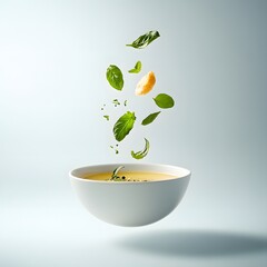 Flying green fresh basil leaves in a white bowl of stock soup on a gray background.