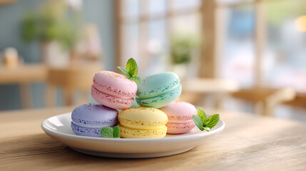 Colorful macaroons on a plate .
