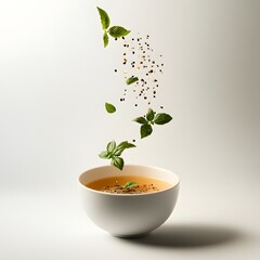 Fresh basil leaves falling into a bowl of stock soup on a white background