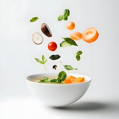 Vegetable soup in white bowl with flying ingredients on white background