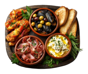 Delicious mediterranean tapas platter kitchen food cozy atmosphere top view culinary delight isolated on transparent background