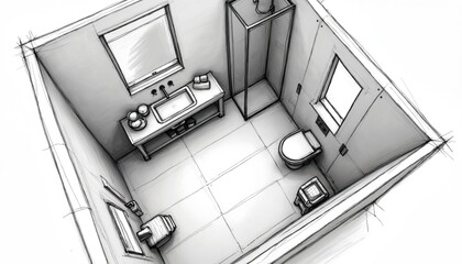 Modern bathroom sketch design showcases a shower sink toilet layout. Architecture concept for renovation plumbing. Minimalist interior with functionality hygiene and comfort. Design with artistry.