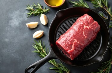 Prime Black Angus beef chuck roll steak in cast iron grill pan, garlic cloves and rosemary sprigs. Overhead view. Uncooked steak. Cooking food photography concept. Barbecue or grilling.