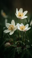 Three Delicate White Flowers Bloom Beside Lush Green Foliage in a Serene Garden Setting