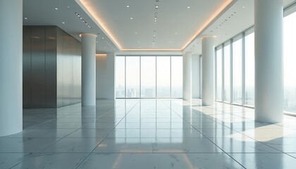 Fototapeta premium Modern empty showroom with large windows metallic accents. Interior architecture evokes futuristic aesthetics. Sleek minimalist design. Luxurious urban space, technology. Ideal for business