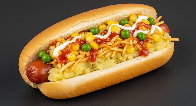 Close up Brazilian hot dog Cachorro Quente loaded toppings mashed potato batata palha