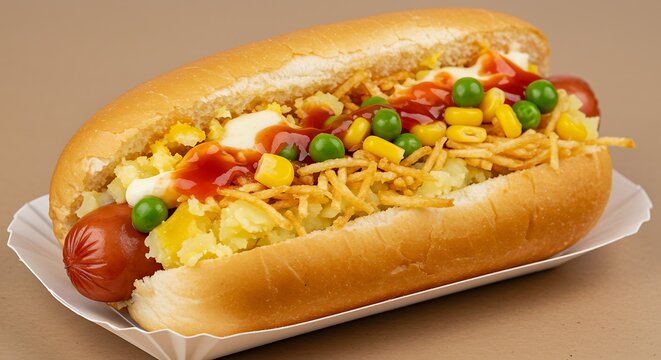 Cachorro Quente Brazilian hot dog abundant toppings close up