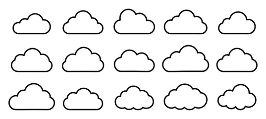 Vector set of outline cloud icons in flat style, ideal for weather apps, UI,UX design, infographics, dashboards, and digital forecasting visuals. Includes various cloud shapes and silhouette.