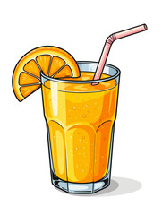Vector illustration. Refreshing glass of orange juice with a slice of orange and a pink straw on a white background. A perfect summer drink to enjoy.