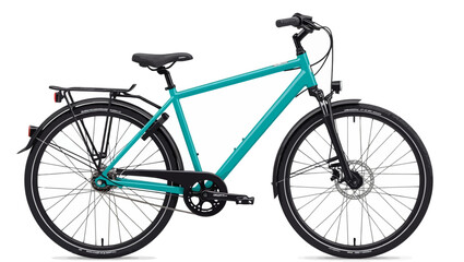 A clean, detailed studio shot of a modern turquoise bicycle, perfect for urban commuting and leisure rides. The bike features a rear rack and fenders. Vector illustration. 