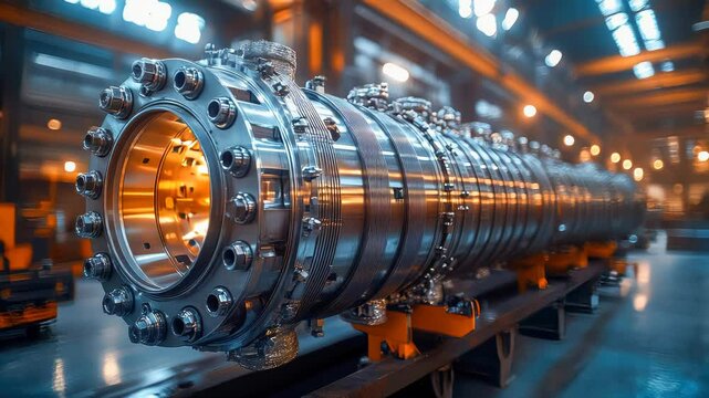 Industrial shell and tube heat exchanger in a modern facility, glowing with warm orange lights, detailed metallic surfaces, and futuristic atmosphere