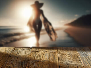 Wooden table top with copy space and bokeh woman walking by seashore in sunlight on hot summer day....