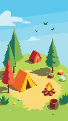 camping in the forest, isometric view, vector illustration