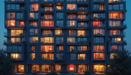 Modern apartment building exterior at dusk. Illuminated windows with warm cozy lighting. Urban architecture, residential real estate, city living. Evening, night scene. Contemporary design. Business,