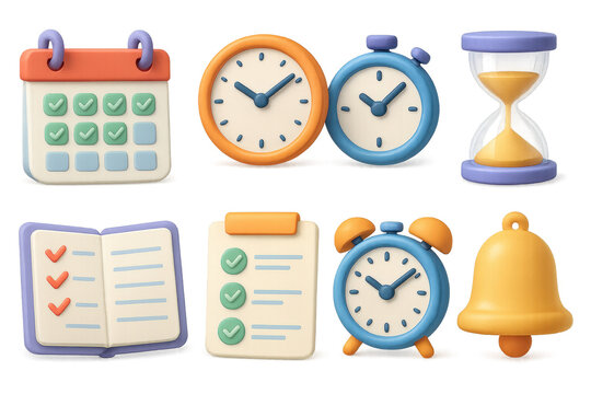 Time management 3d icons set – organize, schedule and productivity symbols