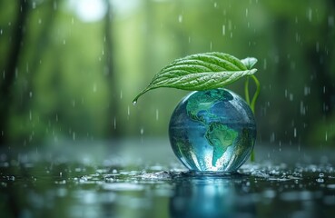 Concept of World Water Day. Transparent glass globe with continents in raindrops. Green leaf protects from rain. Eco-friendly background. Environmental protection and ecology concept.