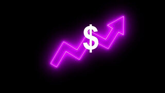 Money increases icon, dollar rate increase stretching arrow up icon .Glowing up arrow with dollar sign. Glowing neon line of dollar sign icon and up arrow isolated on transparent background