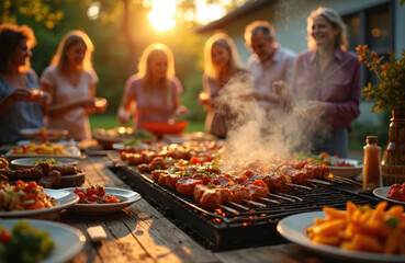 Naklejka premium Friends enjoy barbecue party in backyard on summer evening. Grilled food includes skewers. People celebrate, have fun together with drinks. Warm light, festive atmosphere create communal vibes.