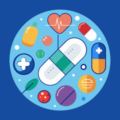 There are illustrations related to the health sector and pharmacy, people, medicines and health-related icons.
