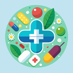 There are illustrations related to the health sector and pharmacy, people, medicines and health-related icons.