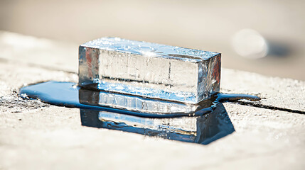 Fototapeta premium Melting Ice Block on Concrete Surface in Bright Sunlight Creates Puddle on Hot Day