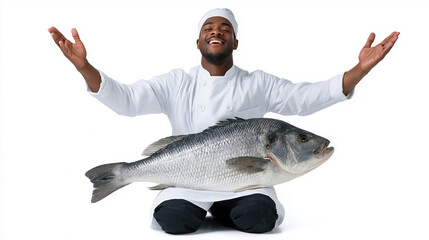 Happy african male chef holding large fish with open arms on white background