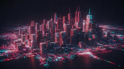 Vibrant futuristic city skyline with neon lights at night - Powered by Adobe