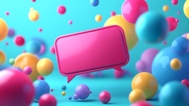 Pink speech bubble surrounded by colorful spheres.