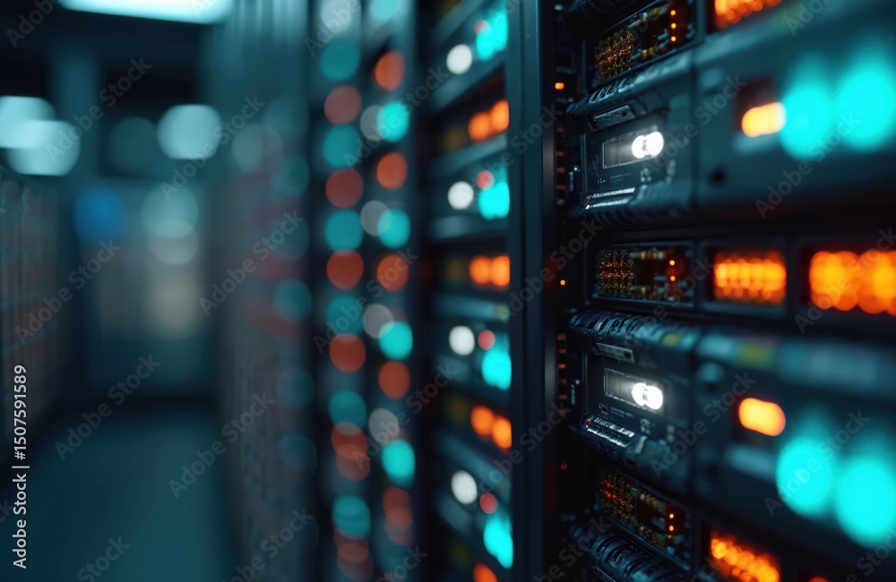 Poster server room infrastructure with racks of servers. data center technology, cloud computing, storage, 