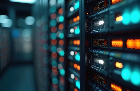 Server room infrastructure with racks of servers. Data center technology, cloud computing, storage, processing equipment. Network hardware, digital security, high-tech data transfer. Server