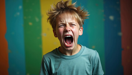 Teenage boy screams in protest against colorful studio background. Open mouth facial expression. Angry teenager with messy hair, loud shout. Portrait of an angry child with negative emotions.