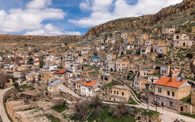 Obraz premium Aerial view of ancient Akkoy village in Urgup district of Nevsehir province of Turkey