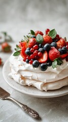 Delicious Pavlova Dessert Topped With Fresh Berries and Mint Leaves on a Rustic Table