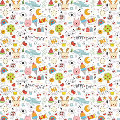 Whimsical Cartoon Collage Colorful Fun Doodle seamless pattern Background