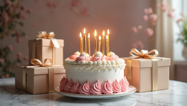 Elegant birthday scene. Stylish cake with candles luxury gift boxes. Sophisticated greeting card on marble table. Festive decor with flowers background, perfect for party invitation.