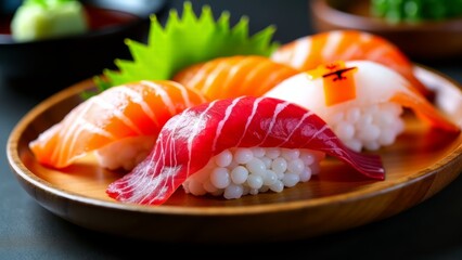 Assorted nigiri sushi on wooden plate