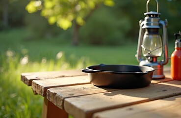 Obraz premium Iron pan, lantern, orange bottle on wooden table in summer forest. Camping equipment prepared for outdoor cooking, adventure trip, picnic. Sunny green blurred background with sunlight.