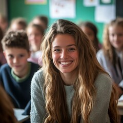 Fototapeta premium Teacher with students in a warm classroom