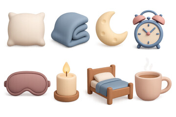 Sleep essentials icons set – 3d, bedtime and relaxation simple symbols