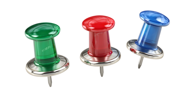 Three pushpins in red, green, and blue isolated on transparent background, office supplies and stationery for notice board - Powered by Adobe