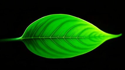 Vibrant green leaf macro detail on black