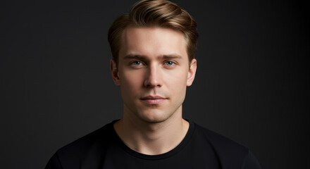 Naklejka premium Portrait of a Young Blond Haired Man in Black Shirt against Dark Gray Background
