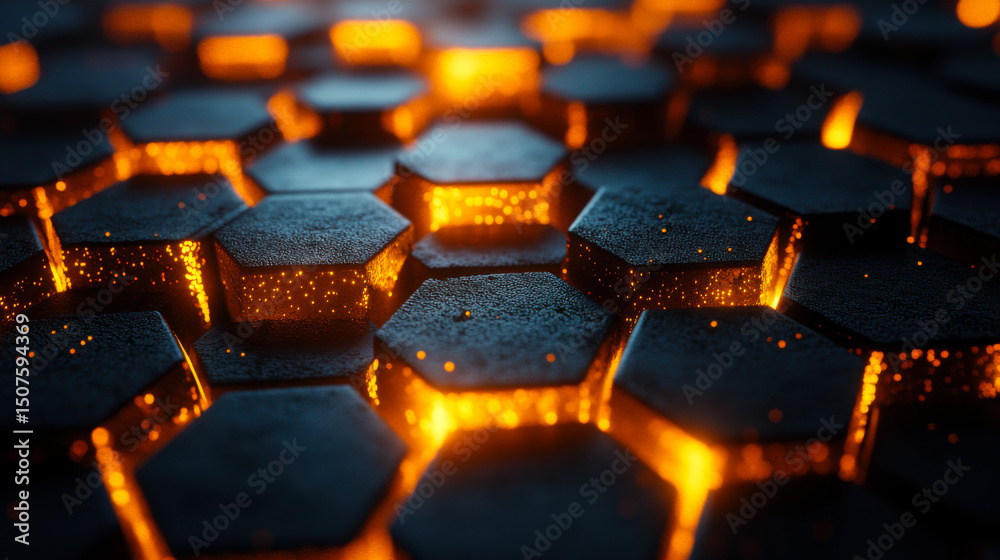 Poster bright glowing hexagonal patterns create an abstract view of a surface resembling molten lava at nig