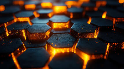 Obraz premium Bright glowing hexagonal patterns create an abstract view of a surface resembling molten lava at night