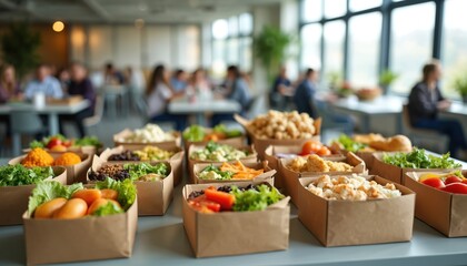 Variety of boxed lunches displayed table break room. Packed with fresh salads vegetables fruits. Healthy food options for employees enjoy lunchtime. Corporate catering service provides balanced